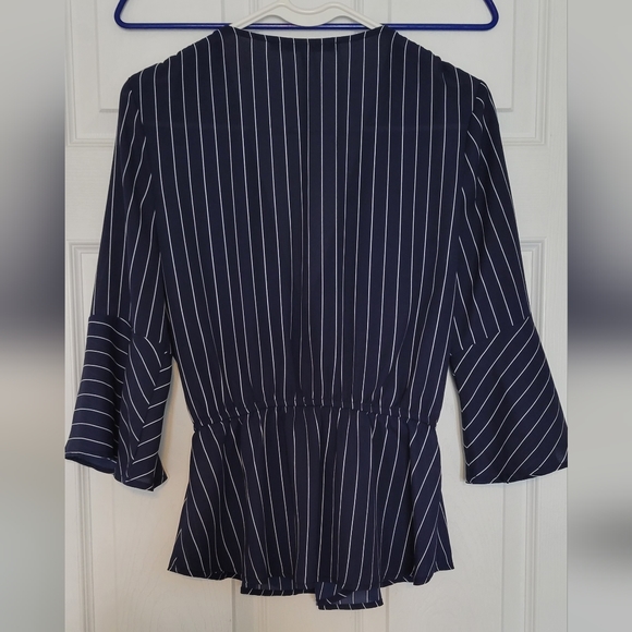 EUC Collective Concepts Peplum Wrap Navy Striped Blouse Bell Sleeve from - Picture 3 of 3